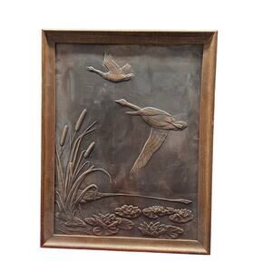 Vintage 60's Hammered Copper Framed Picture Flying Geese Lake Nature Waterfowl